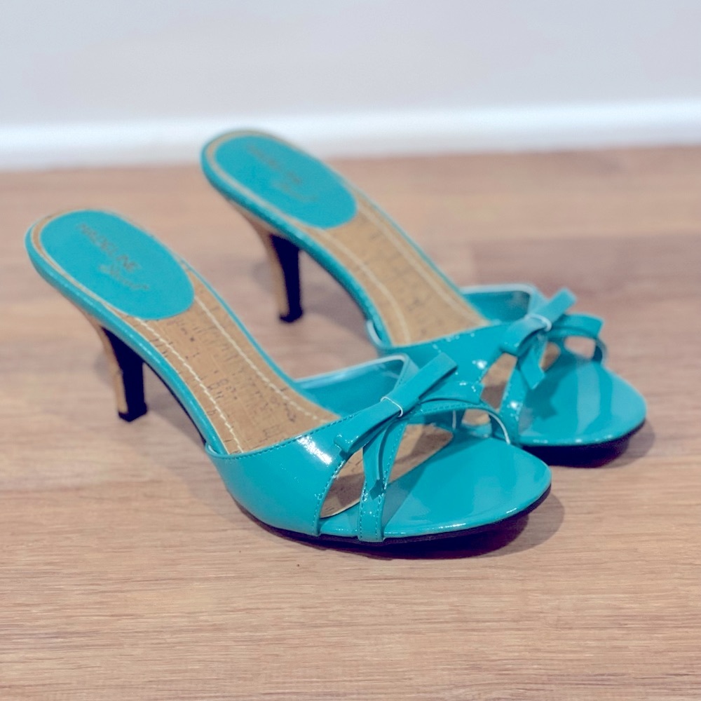 Madeline Stuart Teal Patent Leather Open-Toe Heels